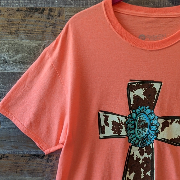 Girlie Girl Originals Coral W/Animal Print Screen print Cross Tee - Picture 2 of 12